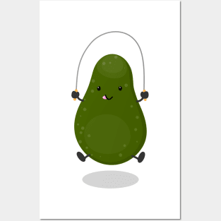 Cute avocado jump rope cartoon illustration Posters and Art
